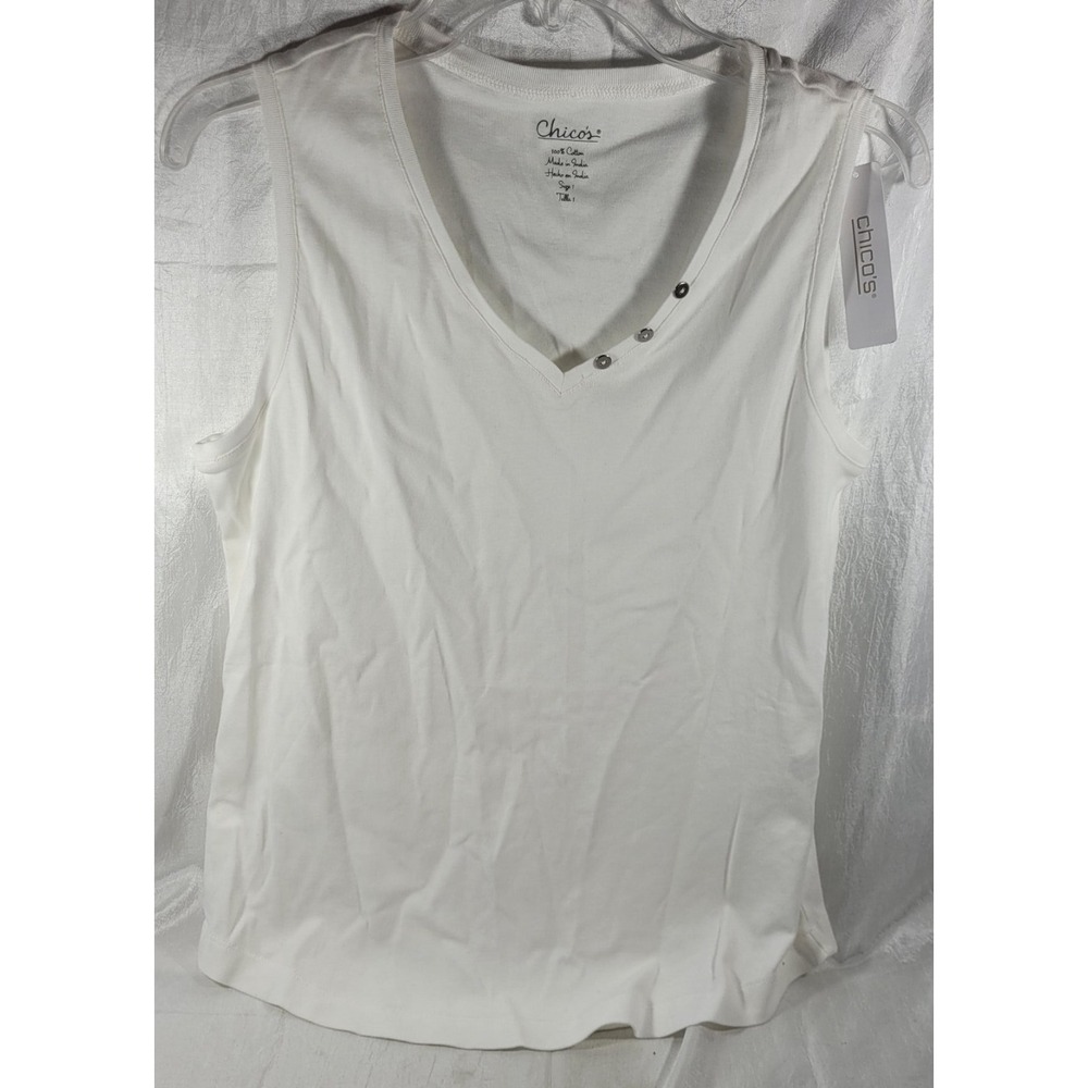 Chico's Women's V-Neck Button Detail Knit Tank‎ Top - Alabaster - Sz 1 (M/8)